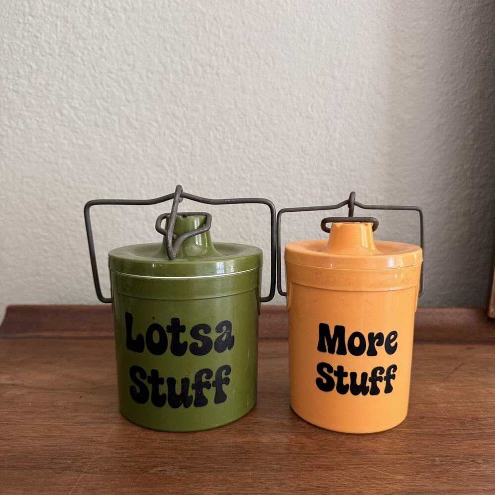 Crocks / Containers with Bale Hinge Lock Green & Yellow Glazed Stoneware x2